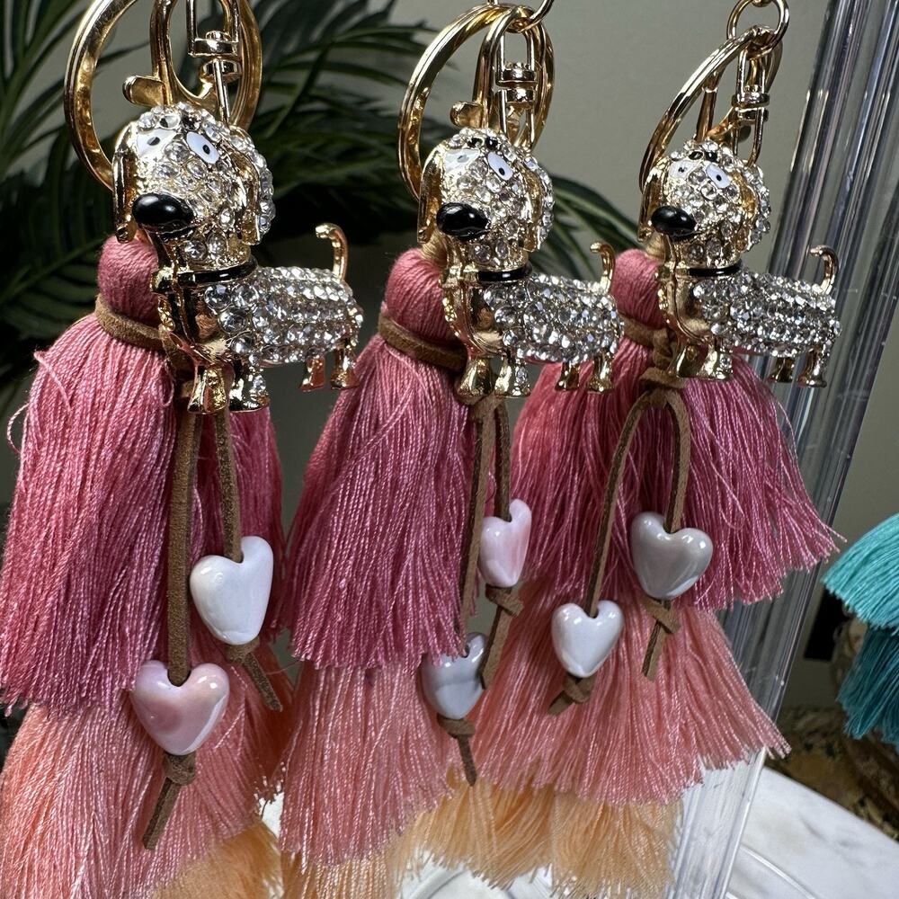 Bag Charm keychain Weiner Dog Dachshund Gold Crystals 3 tier tassel Boho Bling